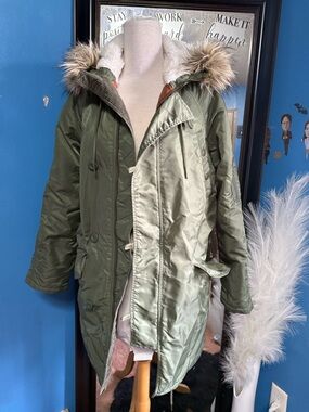 American Eagle Outfitters Olive Puffer Coat with Faux Fur Hood